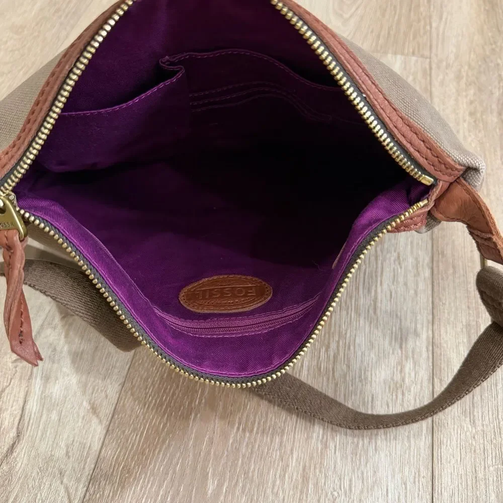 Fossil Erin Canvas and Leather Top Zip Crossbody Handbag Adjustable Pink Brown - Picture 6 of 15